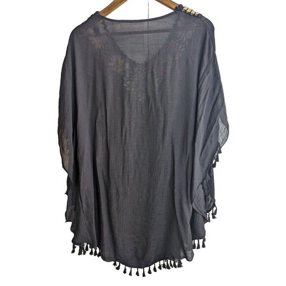 Black Gauzy Poncho w/Crochet Granny Squares Boho Tunic Beach Coverup Sz OSFM - Picture 6 of 8